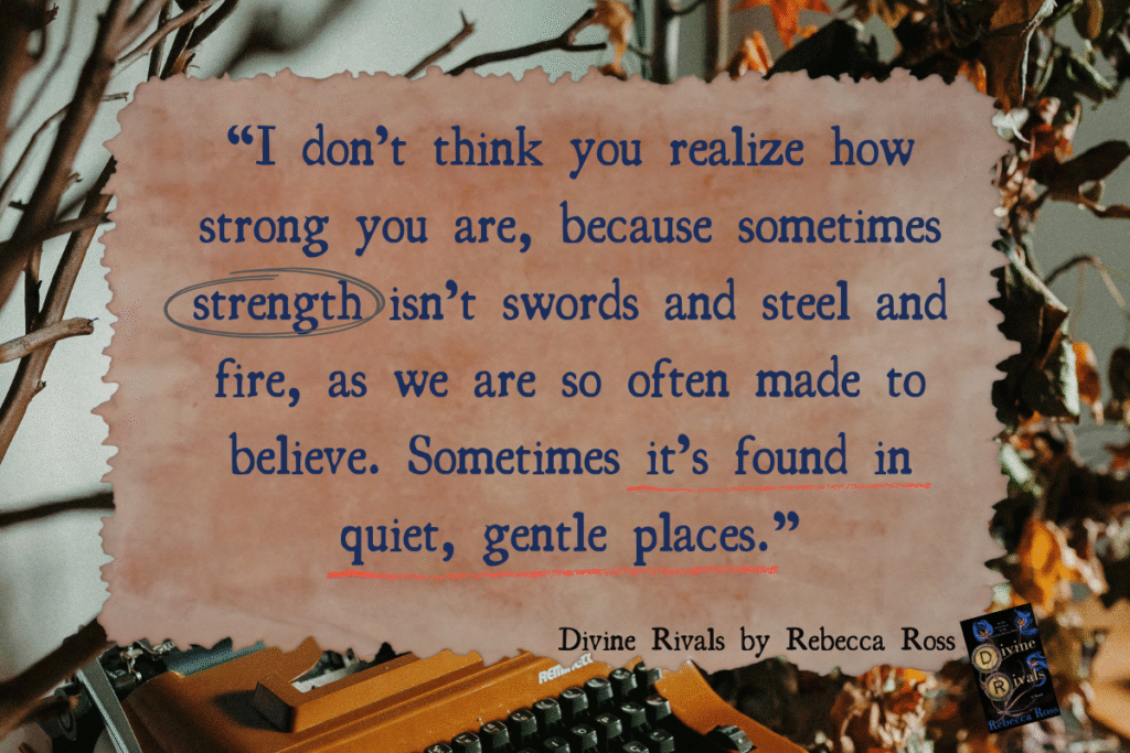 Divine Rivals (Letters of Enchantment, #1) by Rebecca Ross. Quote with a typewriter background overlayed with old-style paper