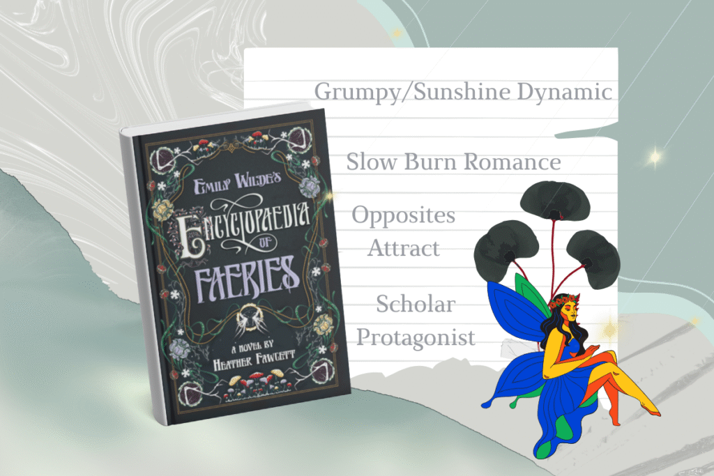 Emily Wilde’s Encyclopaedia of Faeries by Heather Fawcett book cover with a fae graphic near a book and a list of tropes 