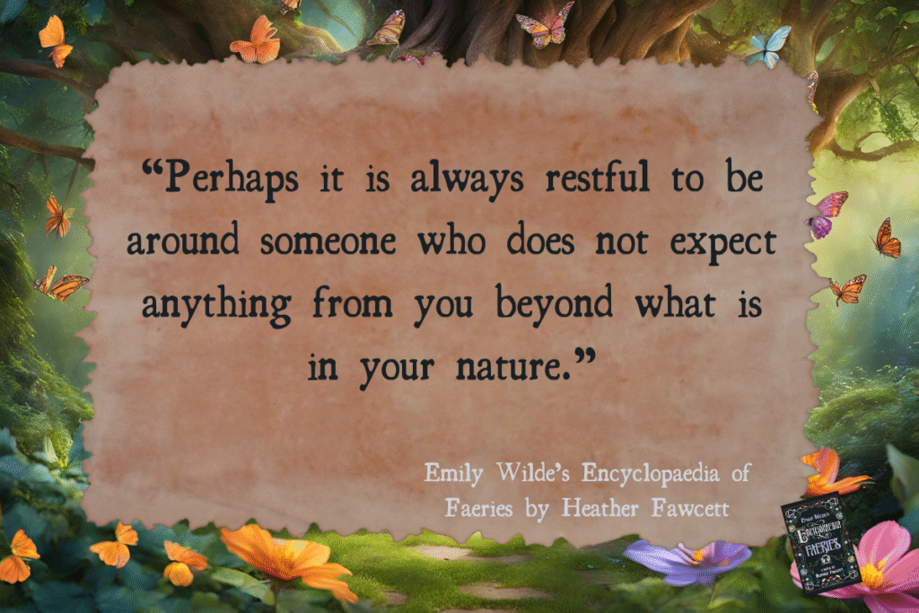 Emily Wilde’s Encyclopaedia of Faeries by Heather Fawcett is quoted on a vintage-style paper with a magical forest with butterflies in the background.