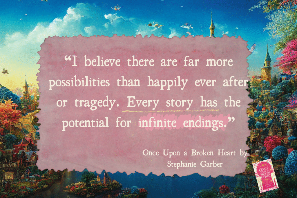 Once Upon a Broken Heart by Stephanie Garber book quote with a magical castle in the background and a pink overlay